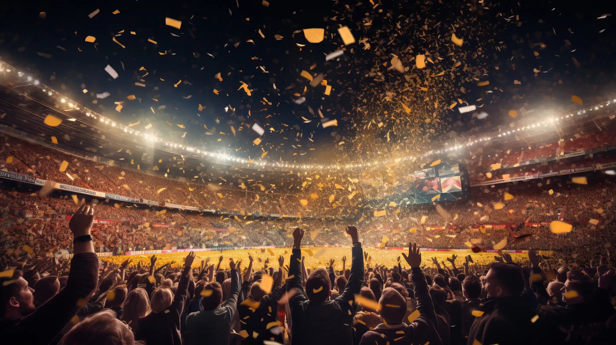 A vibrant crowd in a stadium celebrating, surrounded by colorful confetti falling from above